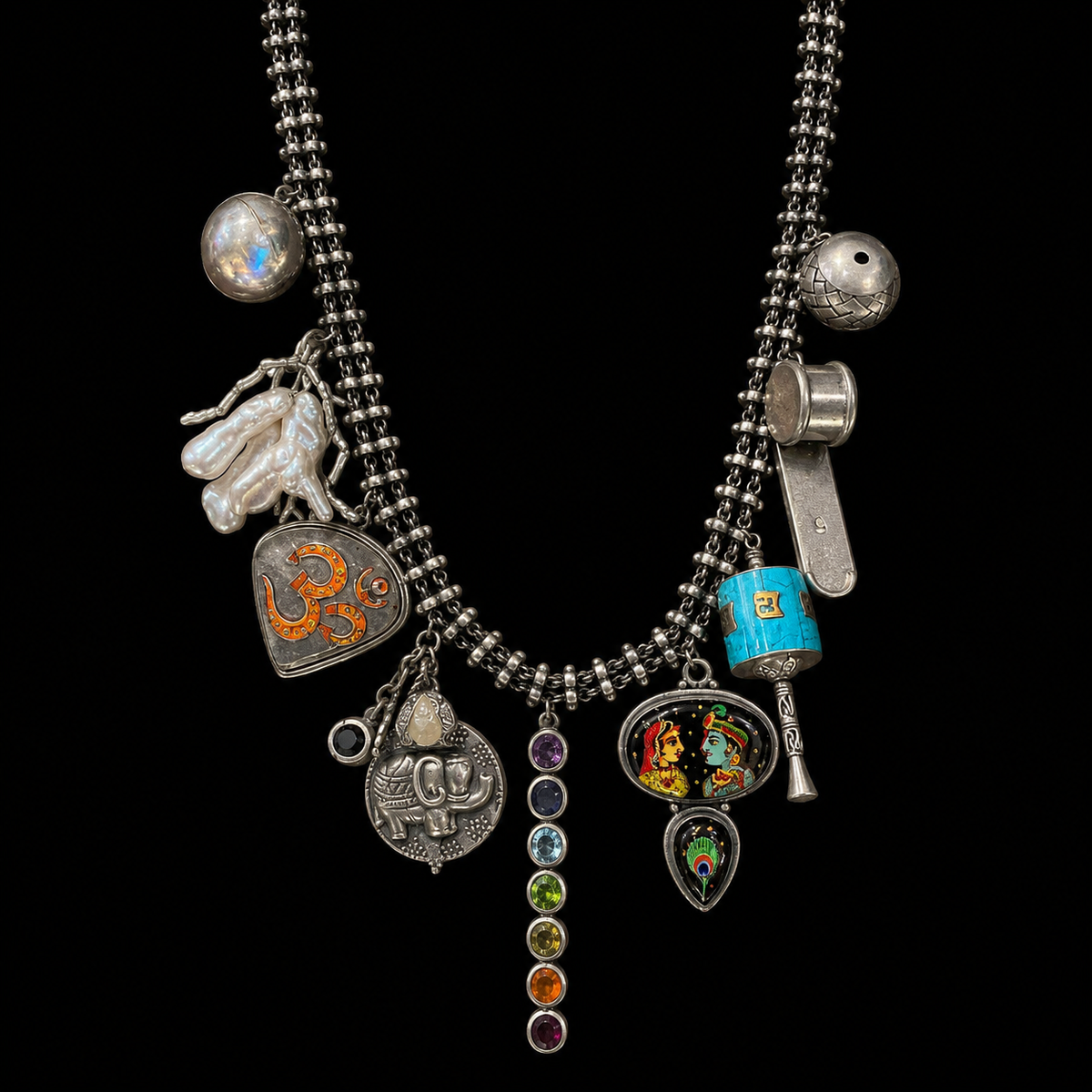 Silver Charmed Necklace With Multicolour Pendant – handcrafted dual-tone 92.5 sterling silver necklace by My Motifs