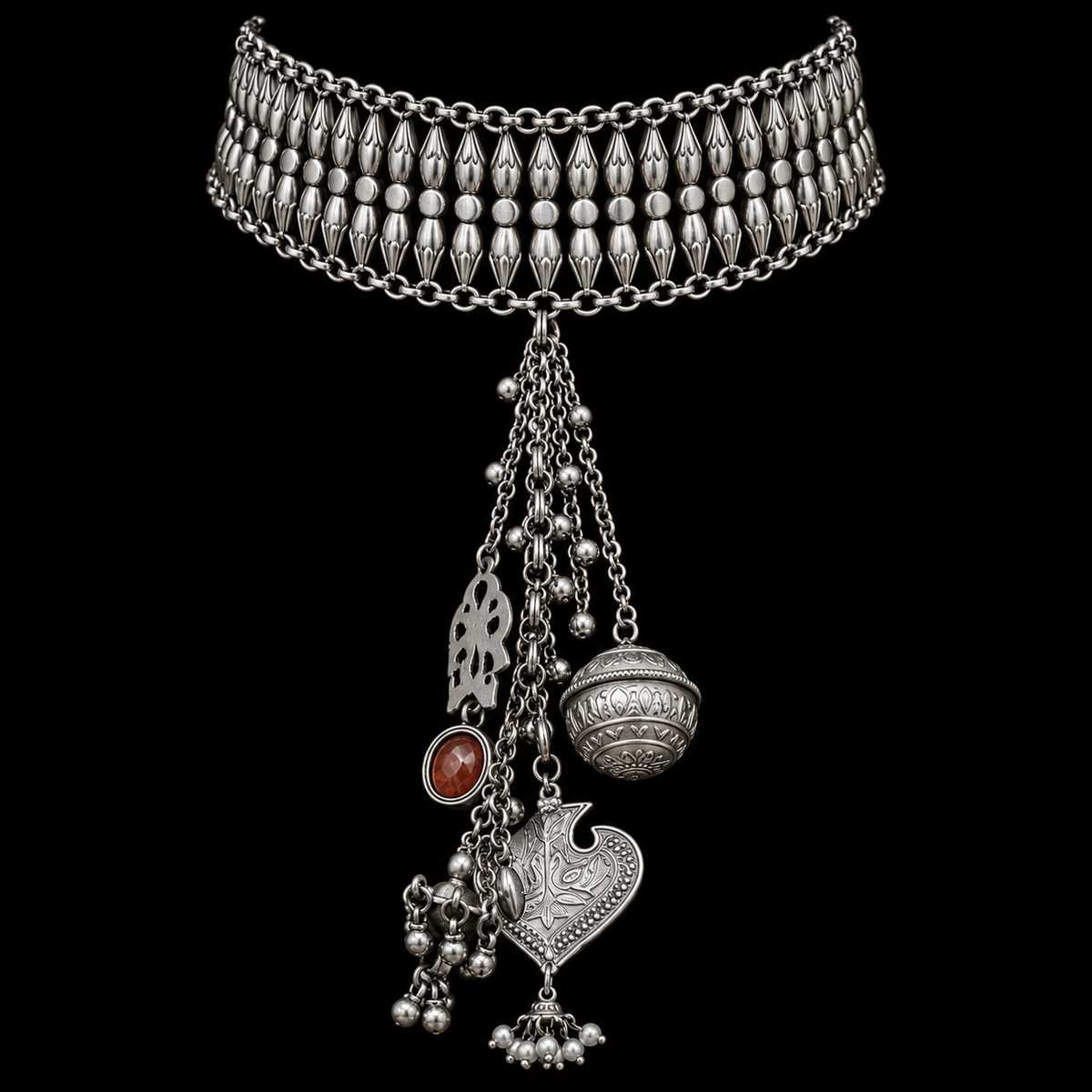 Silver Tribal Choker With Latkans – handcrafted 92.5 sterling silver choker by My Motifs
