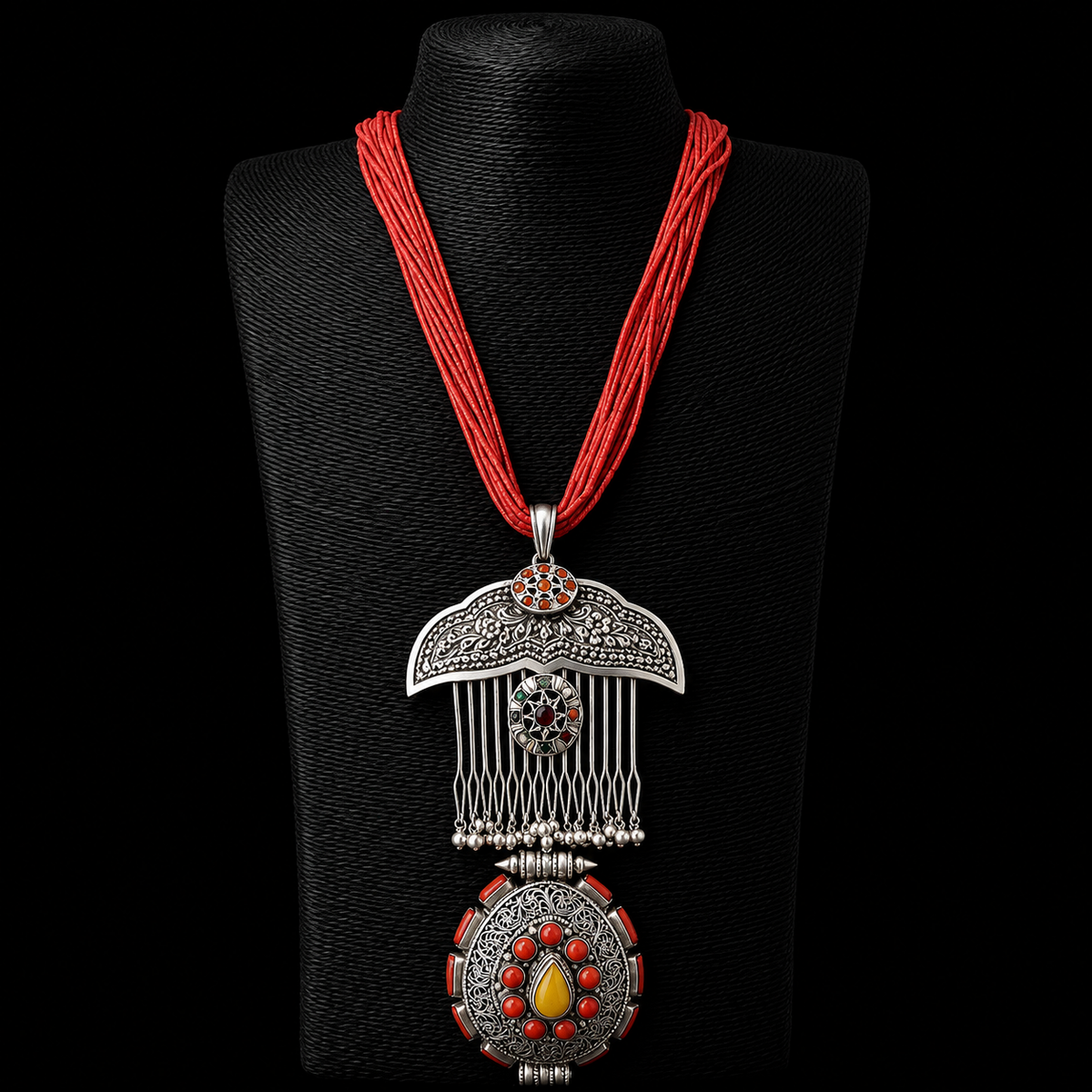 Vintage Orange Tibetan Bead Mala – handcrafted 92.5 sterling silver necklace by My Motifs