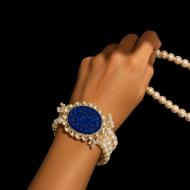 Blue Stone And Pearl Bracelet – handcrafted 92.5 sterling silver bracelet by My Motifs