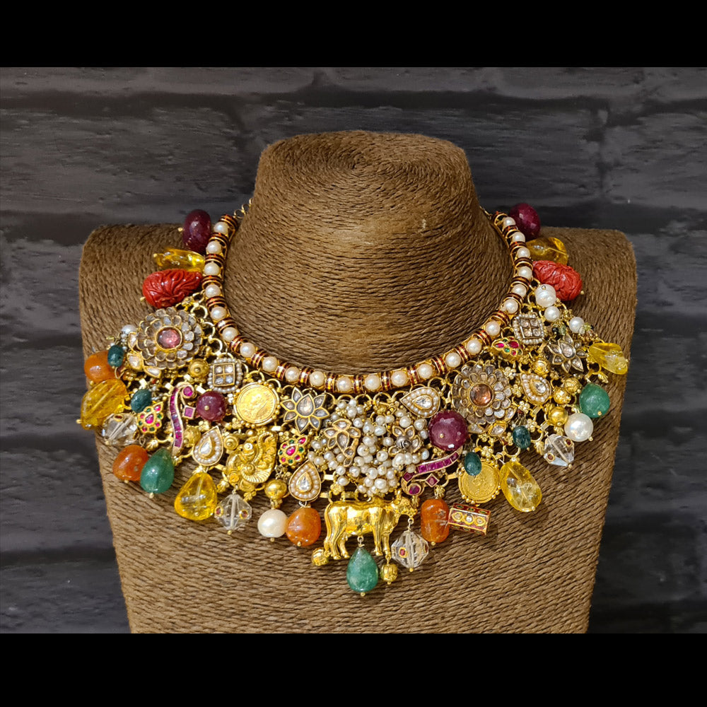 Clustered Charm Statement Necklace – handcrafted gold necklace by My Motifs