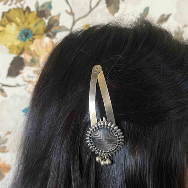 Oxidised Circular Tik Tak Pin With Ghungroo – handcrafted 92.5 sterling silver hair pin by My Motifs