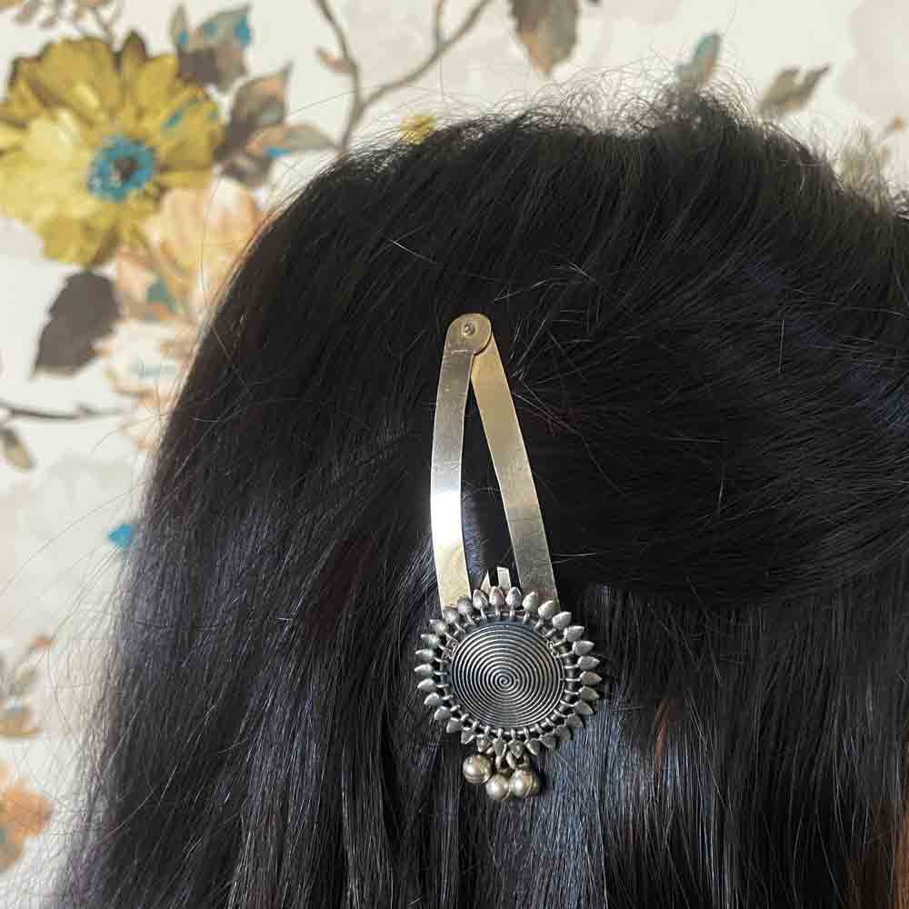 Oxidised Circular Tik Tak Pin With Ghungroo – handcrafted 92.5 sterling silver hair pin by My Motifs
