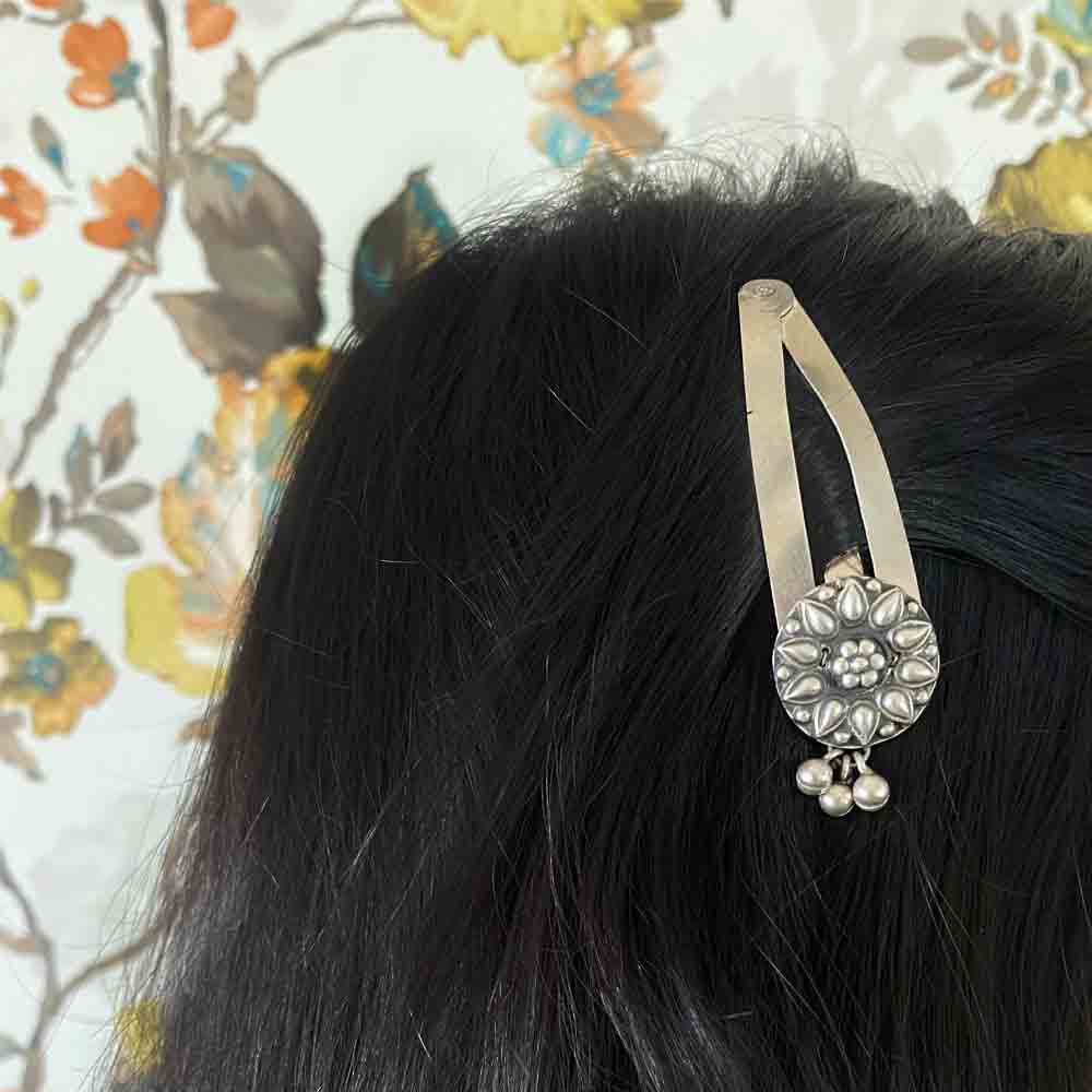 Floral Ghungroo Tik Tak Pin – handcrafted 92.5 sterling silver hair pin by My Motifs