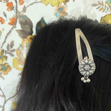 Floral Ghungroo Tik Tak Pin – handcrafted 92.5 sterling silver hair pin by My Motifs