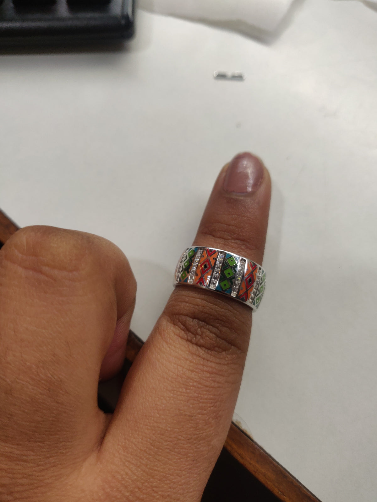 Ring1 – broad band ring with red and green rectangular accents – My Motifs