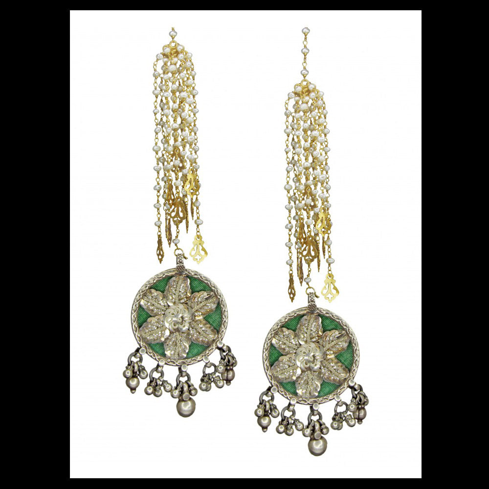 Lavanya Zardozi Shoulder Dusters – silver earrings with pearls and ghungroo details – My Motifs