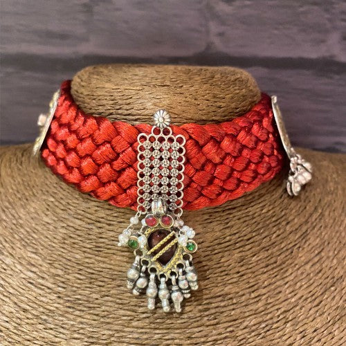 Dual Tone Red Thread Boho Choker – handcrafted dual-tone 92.5 sterling silver necklace by My Motifs