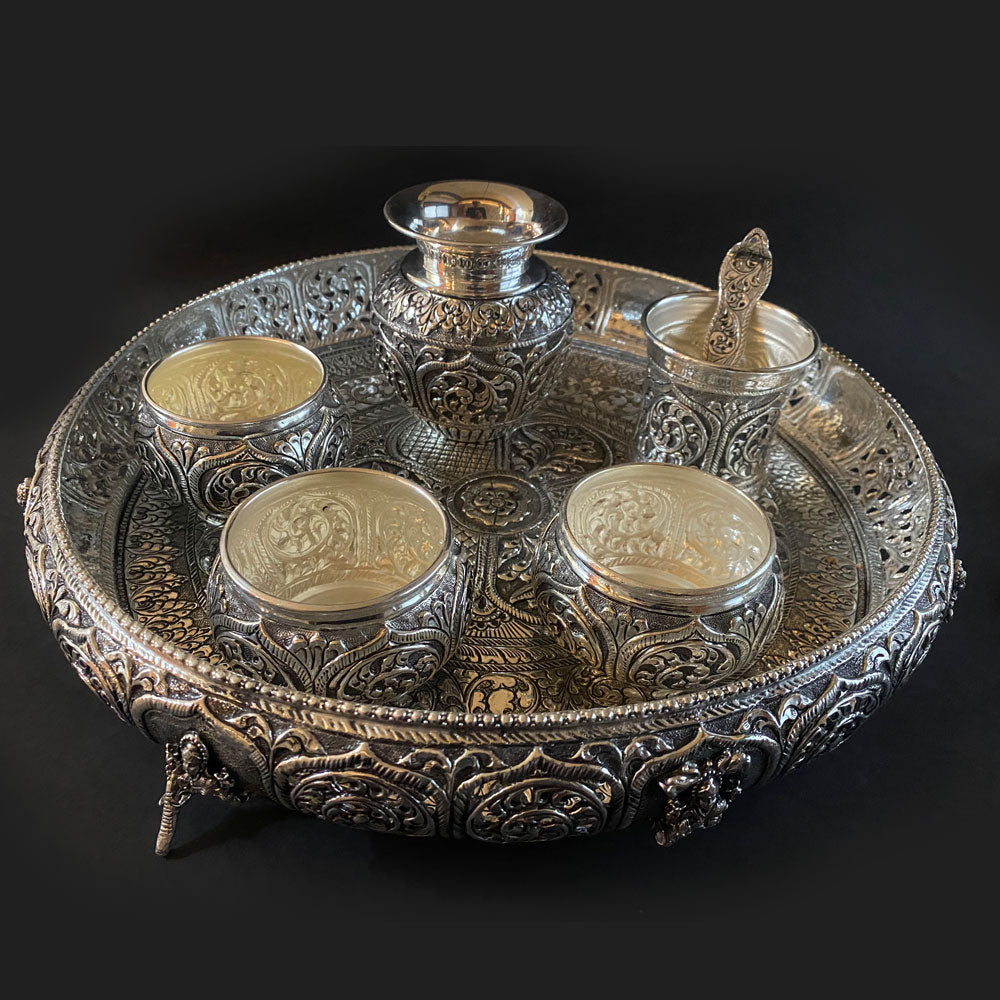 Antique Silver Thaali – handcrafted 92.5 sterling silver pooja thaali by My Motifs
