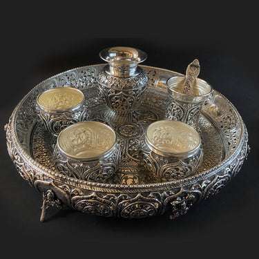 Antique Silver Thaali – handcrafted 92.5 sterling silver pooja thaali by My Motifs