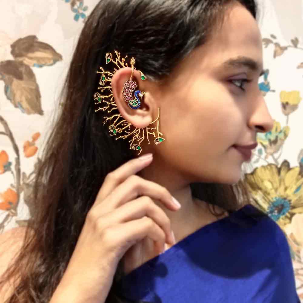 Intricately Carved Peacock Ear-Cuff – silver earrings – My Motifs