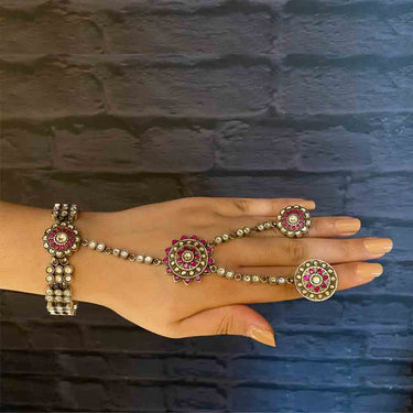 Classic Zircon Hathphool With Ruby Stones – handcrafted 92.5 sterling silver hathphool by My Motifs