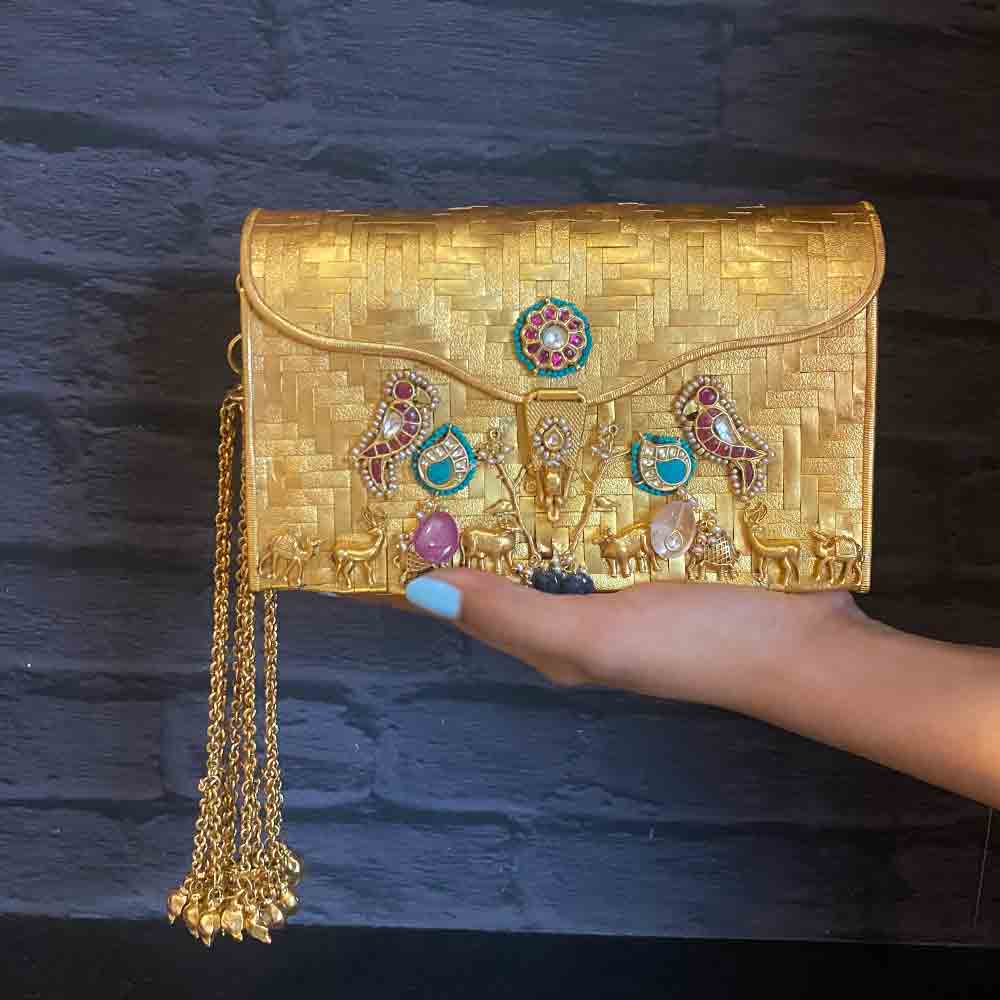 Lajaavab Gold Clutch With Traditional Motifs – silver purse – My Motifs