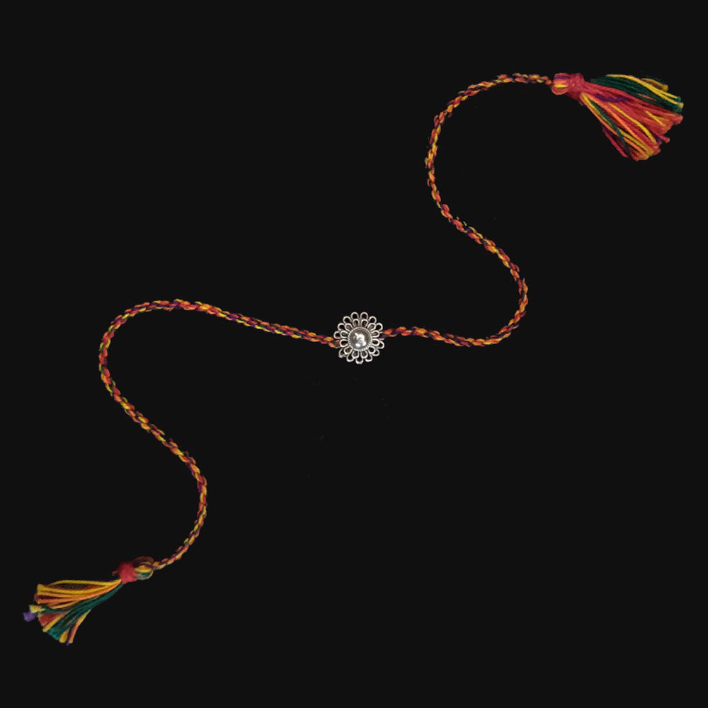 Multi Color Thread Floral Motif Rakhi – handcrafted 92.5 sterling silver rakhi by My Motifs