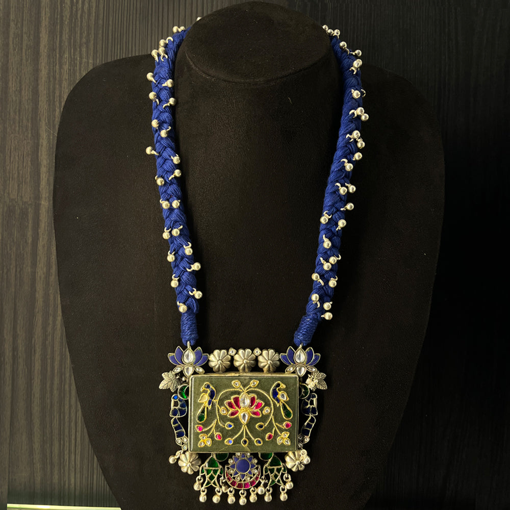 Ujala blue braided 925 silver necklace with peacock pendant and ghungroos