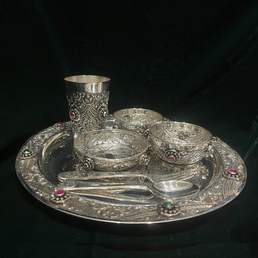 Silver Thali Set – handcrafted 92.5 sterling silver pooja thali set by My Motifs