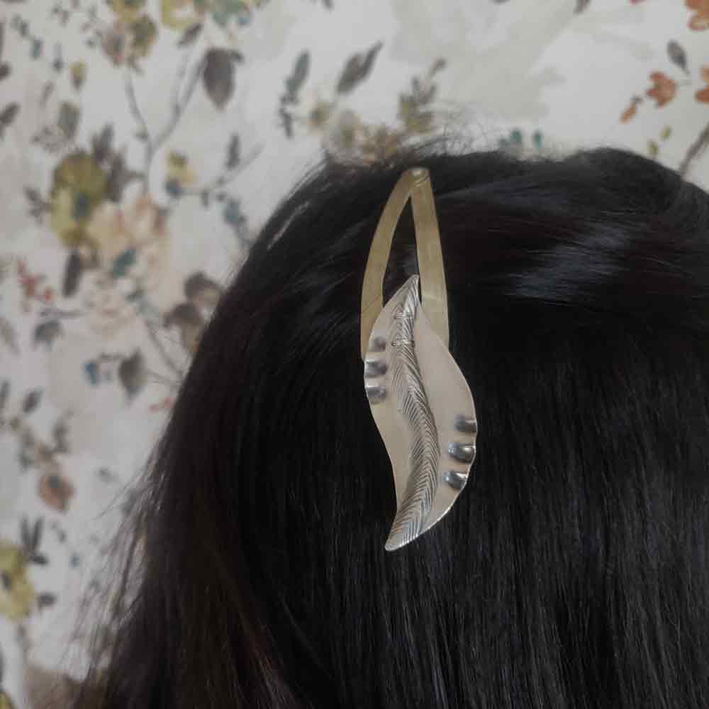 Curve Feather Tik Tak Pin – handcrafted 92.5 sterling silver hair pin by My Motifs