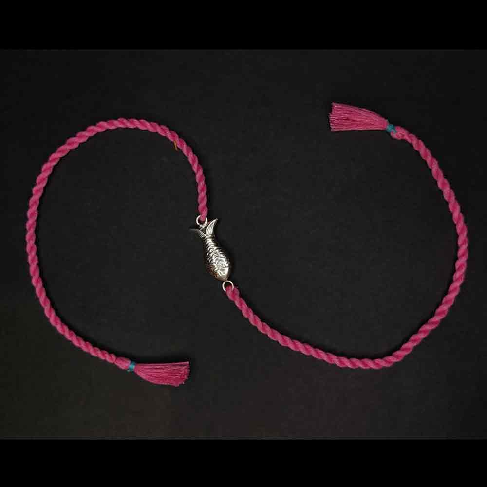 Fish Silver Motif With Pink Thread Rakhi – handcrafted 92.5 sterling silver rakhi by My Motifs