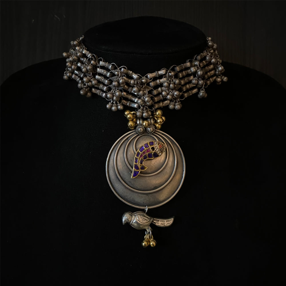 Vasishtha – dual-tone silver choker necklace with ghungroo details – My Motifs