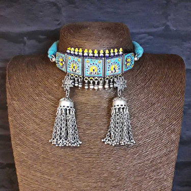 Bohemian Pastel Blue Choker With Tassels – handcrafted 92.5 sterling silver necklace by My Motifs