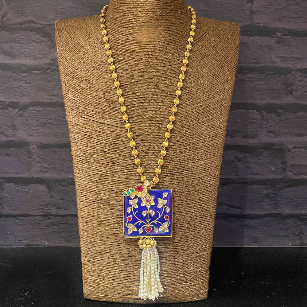 Royal Lapis Lazuli Stone Pendant Necklace – necklace with a blue square pendant, floral detailing and white tassels – My Motifs