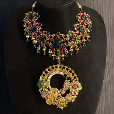 Uvana gold-tone silver necklace with pacheli motif, emeralds and kundan