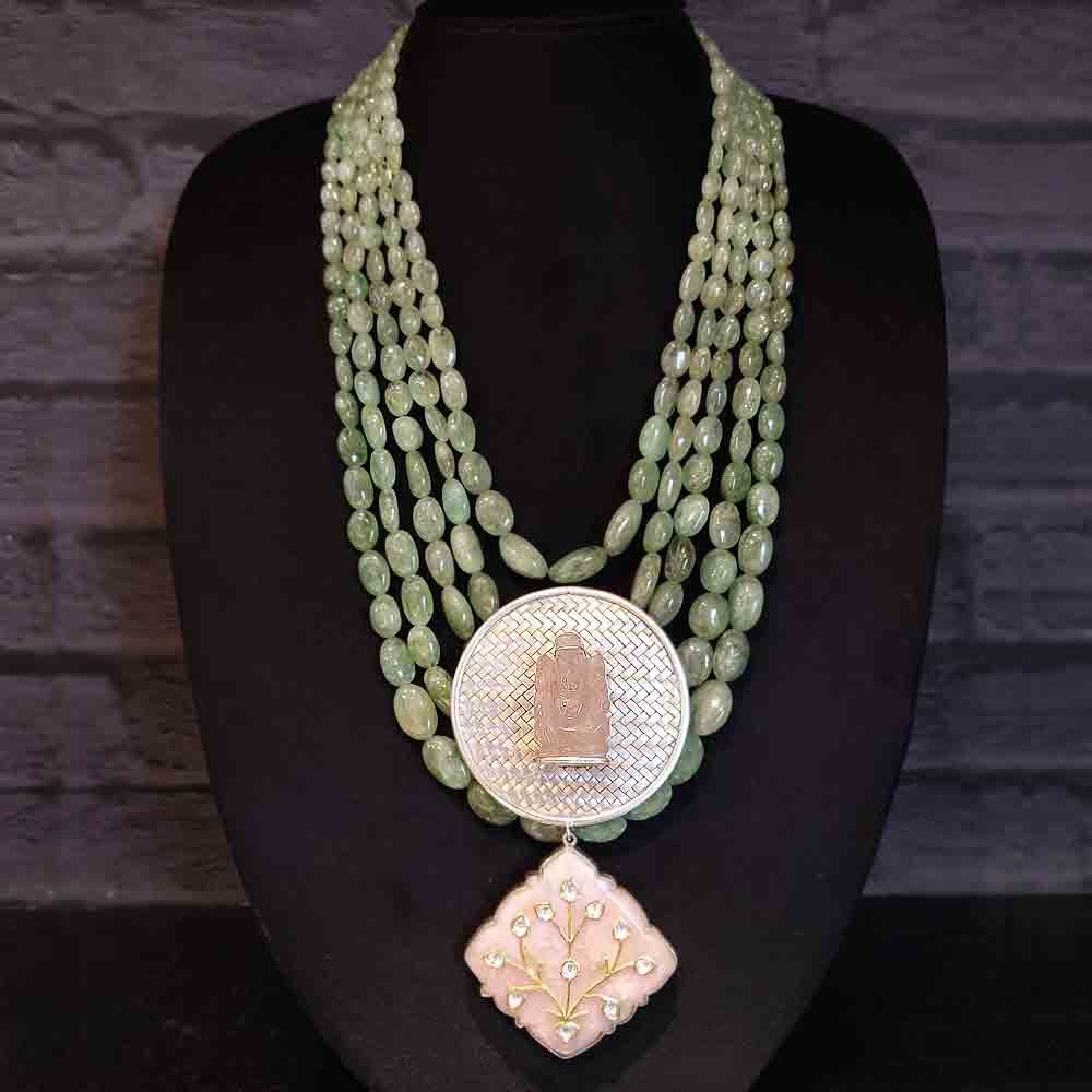 Pink And Jade Contrast Stone Necklace – handcrafted 92.5 sterling silver necklace by My Motifs
