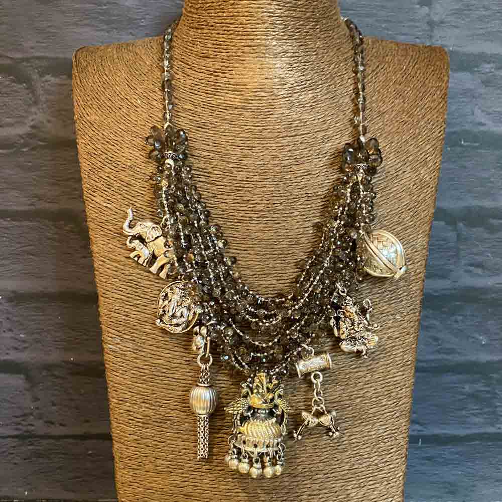Multilayer Brown Beads Necklace With Silver Charms – handcrafted 92.5 sterling silver necklace by My Motifs