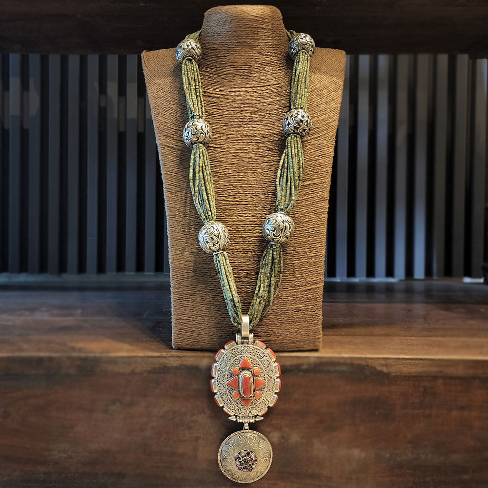 Contrasting Turquoise Beaded Haar – handcrafted 92.5 sterling silver necklace by My Motifs