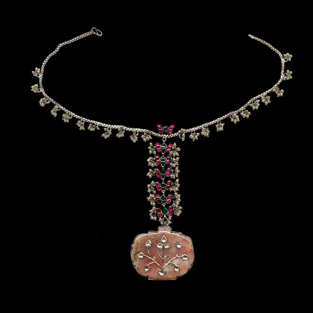 Rose Quartz And Pink Tourmaline Stone Maang Tikka – silver maang tikka with pearls – My Motifs
