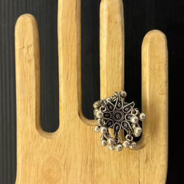 Floral Ghungroo Ring – handcrafted oxidised 92.5 sterling silver ring by My Motifs