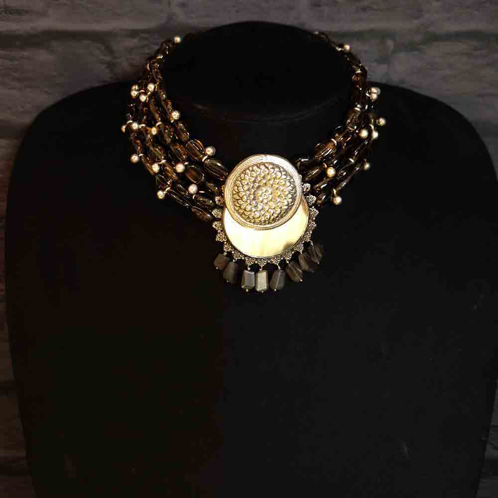 Multilayer Pewter Stone Necklace With Round Pendant – handcrafted 92.5 sterling silver necklace by My Motifs