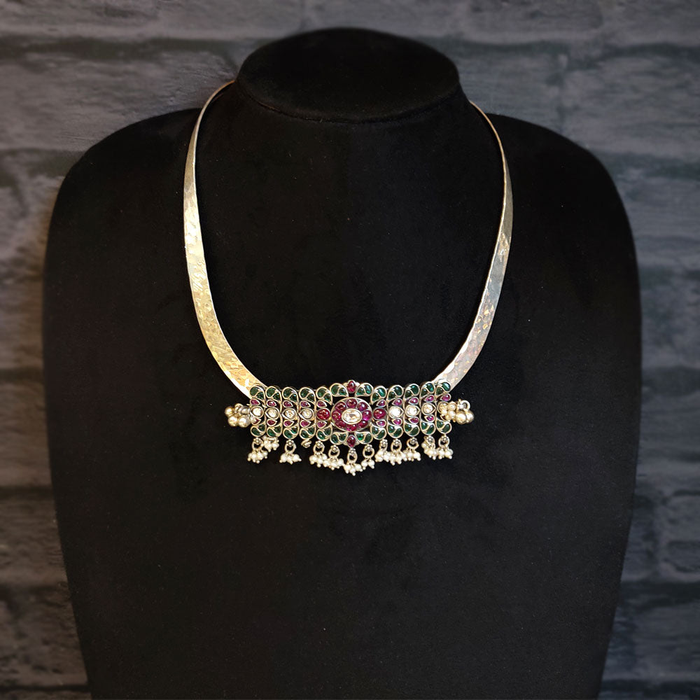 Silver Choker With Broad Green And Pink Stone Band – handcrafted 92.5 sterling silver choker by My Motifs