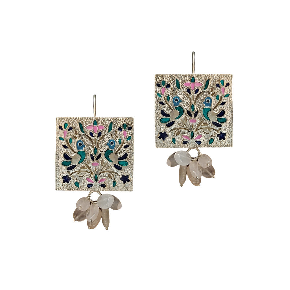 Mor Earring – silver earrings with peacock motifs and enamel work – My Motifs