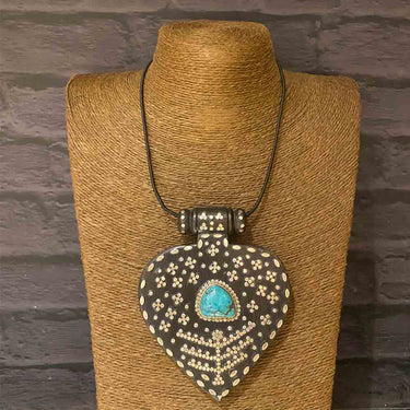 Drop Shaped Wooden Onyx Pendant – handcrafted wood and silver pendant with onyx by My Motifs