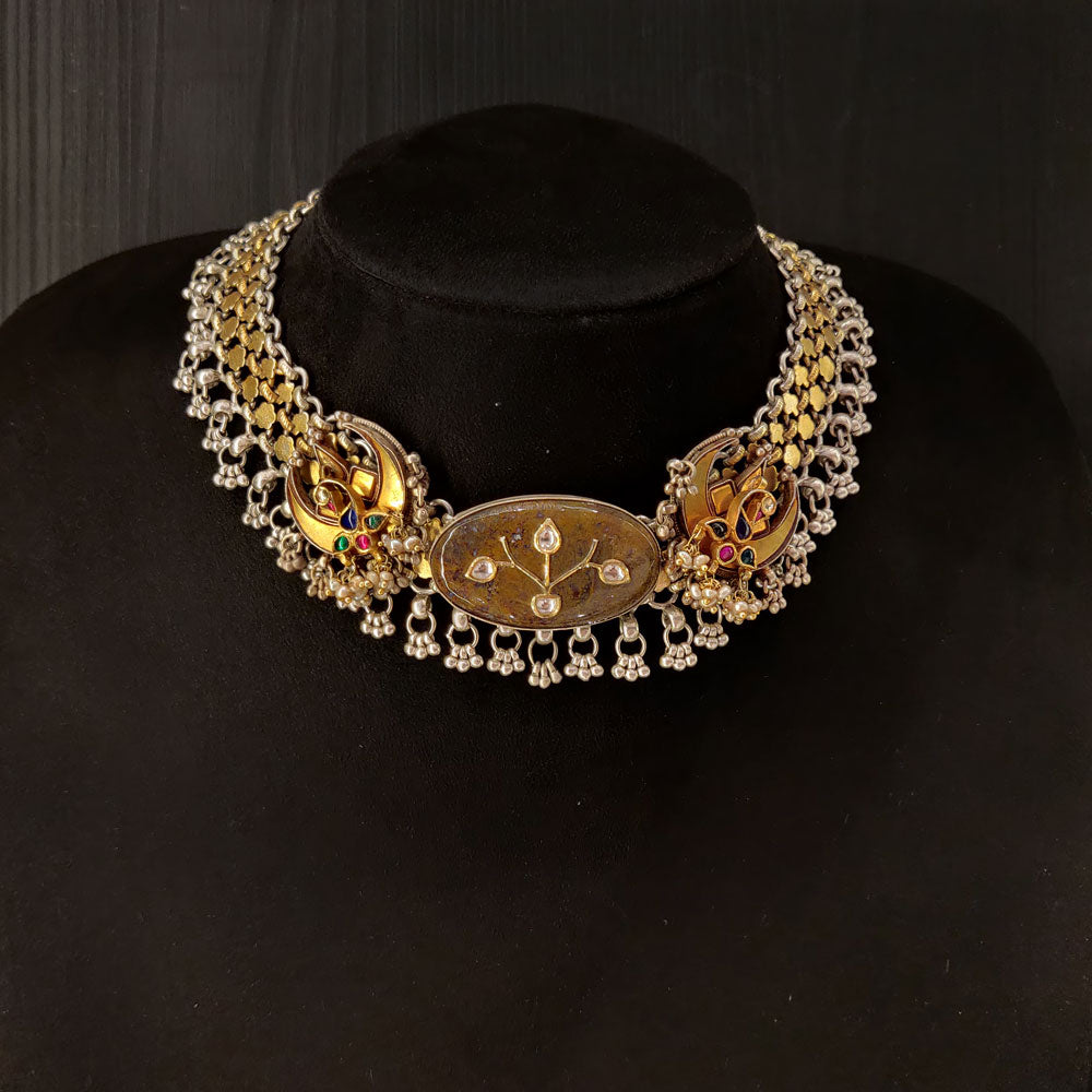 Dual Tone Natural Tourmaline Brown Choker – handcrafted dual-tone 92.5 sterling silver necklace by My Motifs