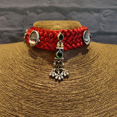 Tribal Red Choker With Contrasting Stones – handcrafted 92.5 sterling silver choker by My Motifs