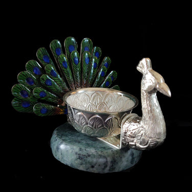 Beautiful Enamelled Peacock Diya – handcrafted 92.5 sterling silver diya by My Motifs