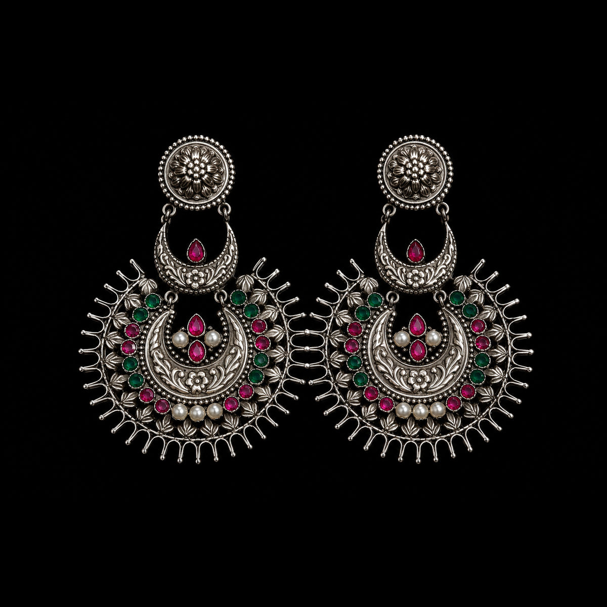 Glaring Sun Moon Chandbali – handcrafted 92.5 sterling silver earrings by My Motifs