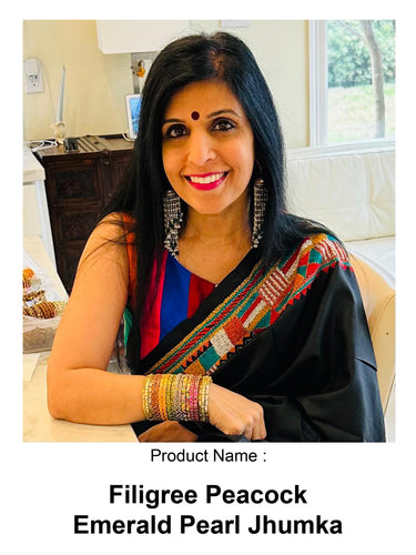 Motifs client wearing the Filigree Peacock silver jhumkas