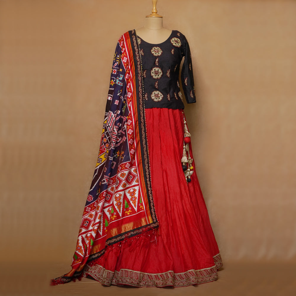 Lohitah – handcrafted lehenga choli with double ikat dupatta by My Motifs