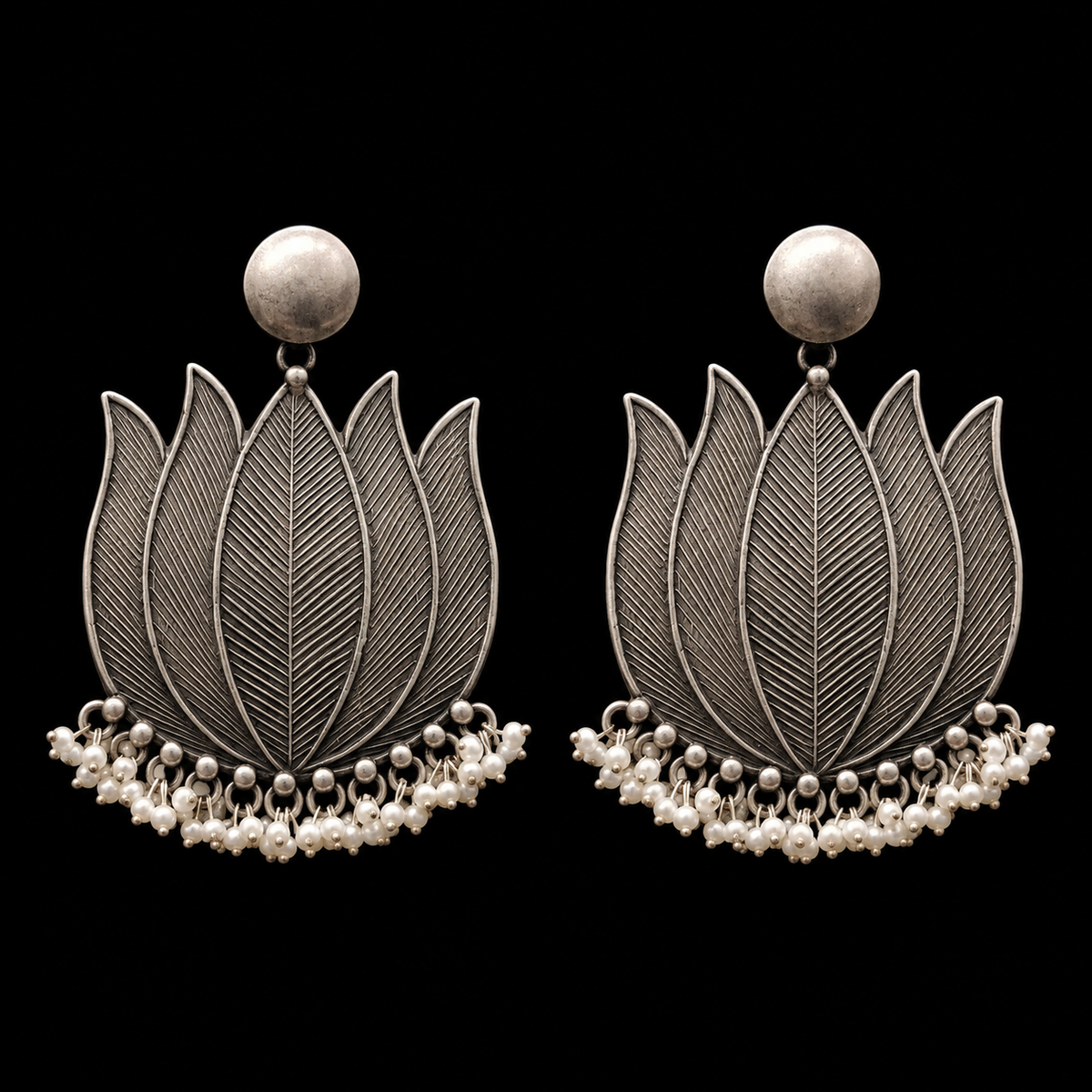 Textured Lotus Pearl Trinket Earrings handcrafted 925 sterling silver earrings - My Motifs