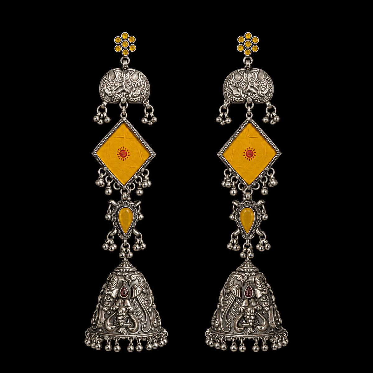Yellow Diamond Shaped Dangling Earrings – handcrafted 92.5 sterling silver earrings by My Motifs