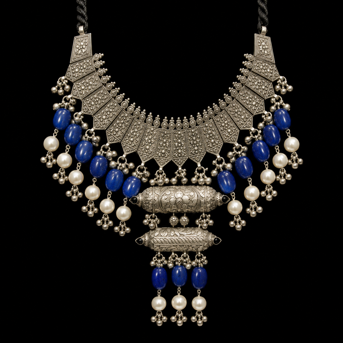 Lapis Pearl Vintage Choker Necklace – handcrafted 92.5 sterling silver necklace by My Motifs