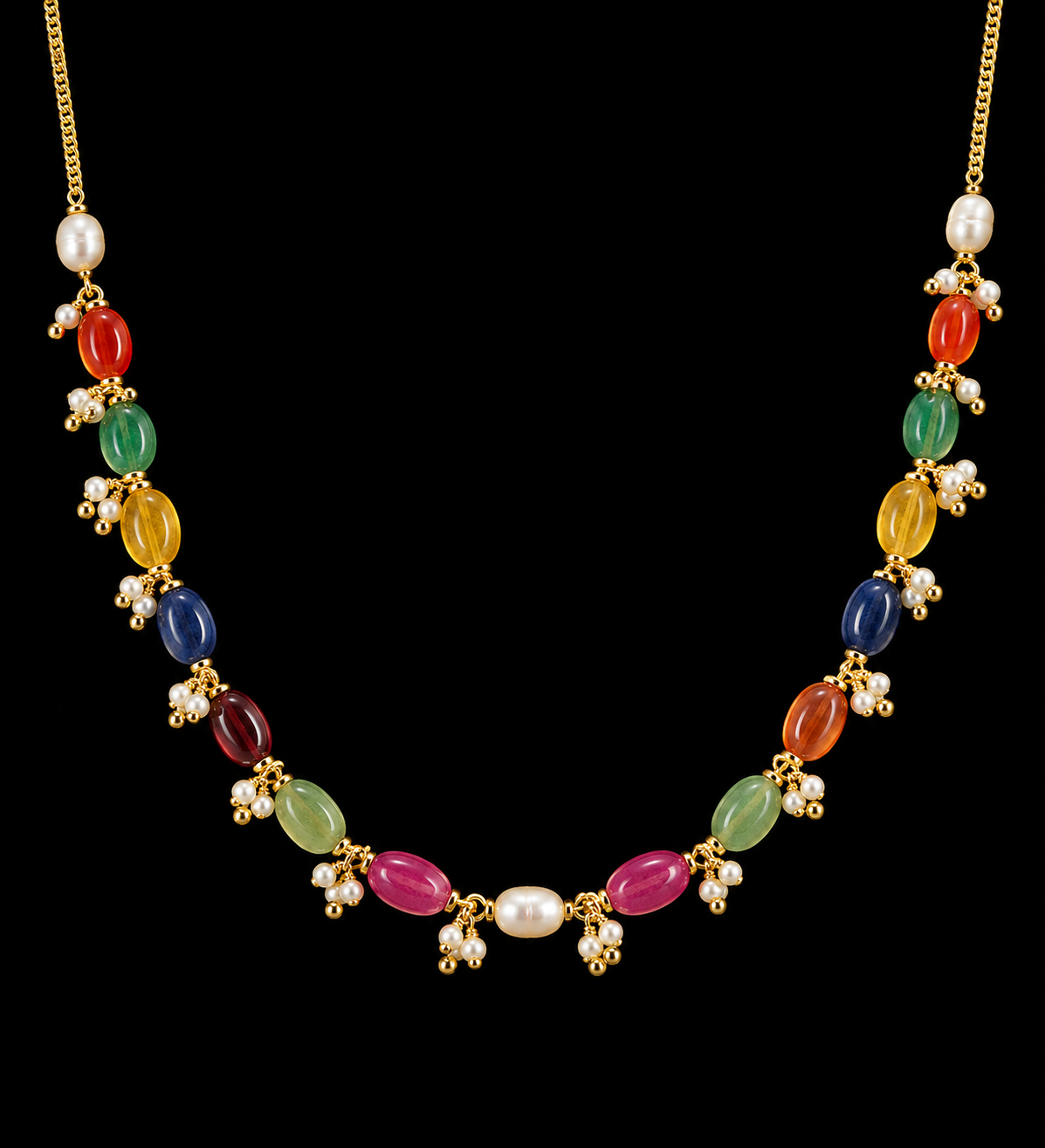 Pearl Necklace – fine necklace with colourful oval beads and small decorative drops – My Motifs