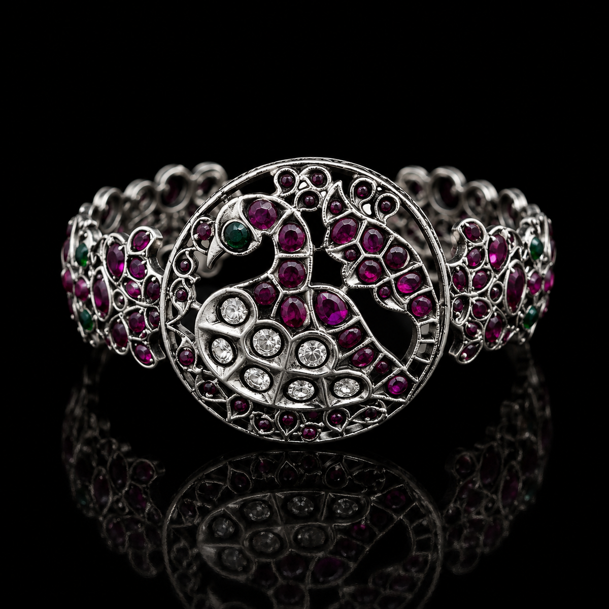 Peacock Engraved Ruby Kadda – handcrafted 92.5 sterling silver bangle by My Motifs