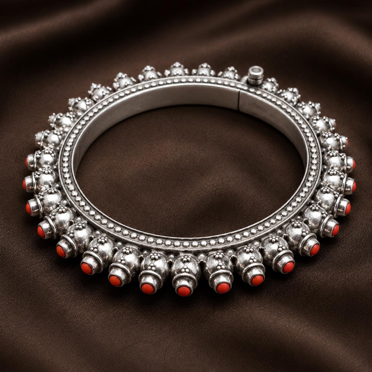 Red Coral Accented Traditional Bangle – handcrafted 92.5 sterling silver bangle by My Motifs