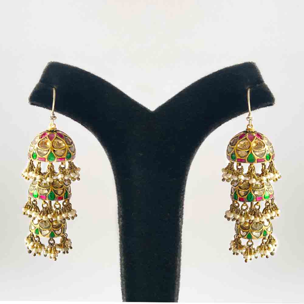 Layered Jhumka – 22k gold jhumka earrings with polki – My Motifs
