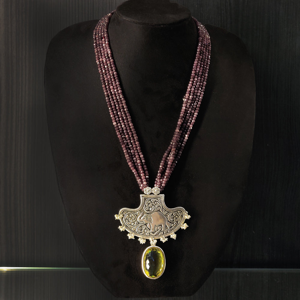 Purple Beaded Necklace with Elephant Pendant – handcrafted 92.5 sterling silver necklace by My Motifs