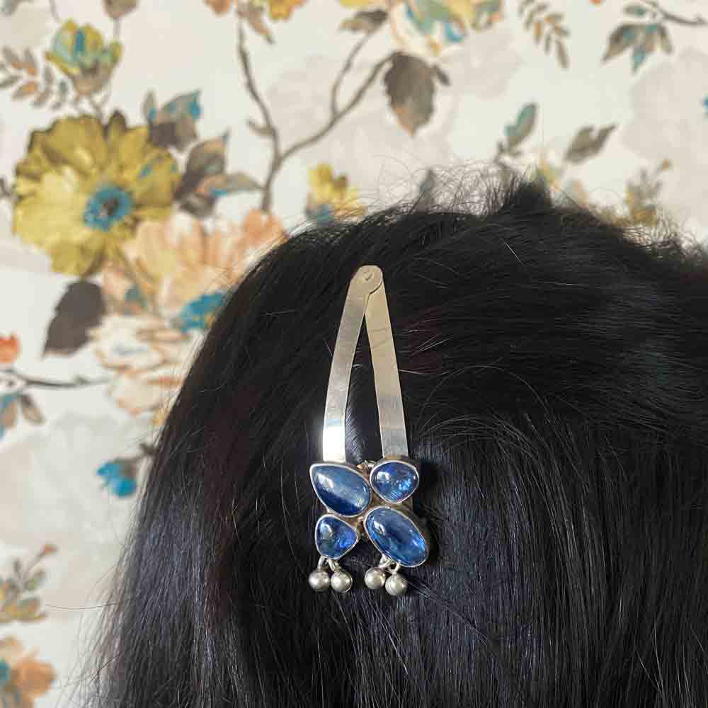 Blue Stone & Ghungroo Tik Tak Pin – handcrafted 92.5 sterling silver hair pin by My Motifs